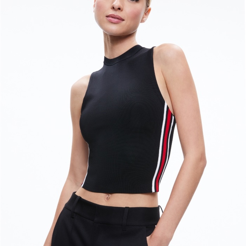 Alice and Olivia darina.stripes race down the sides of this knit top sleeveless